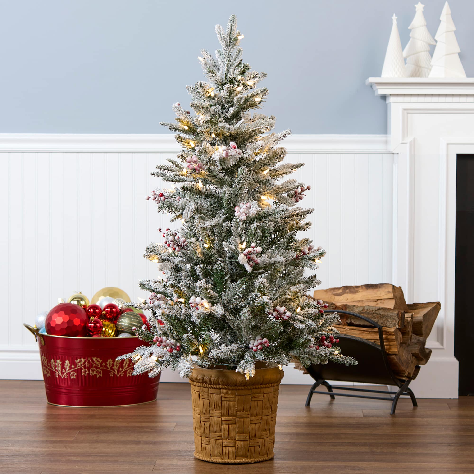 4ft. Pre-Lit Snowy Poechmann Fir Artificial Christmas Entrance Tree with Berries and Pinecones, Warm White LED Lights